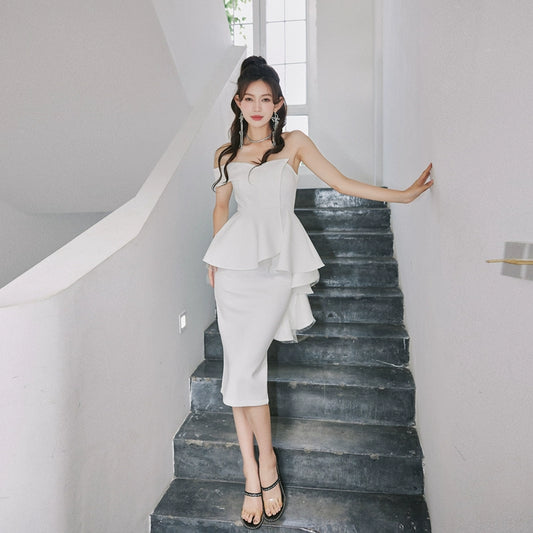 DOLLY High End Ruffled Fake Two Piece French Lace Off Shoulder Midi Office Dress-BRYONY