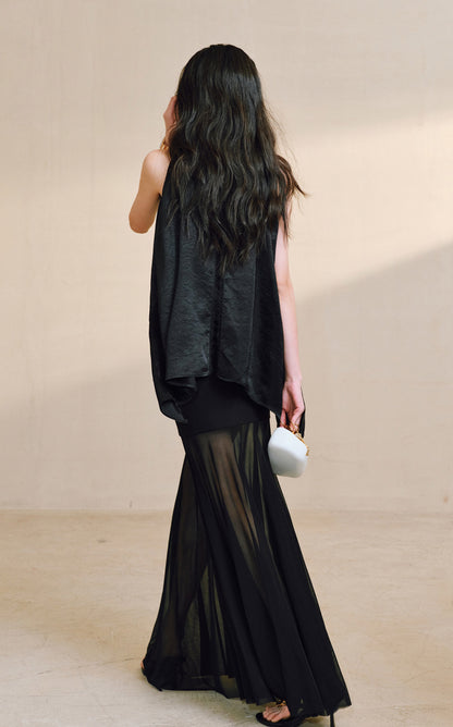WANGXO| Acetate  Lace-Trimmed Metal Chain Halterneck V-Neck Pleated Top -AYRA.