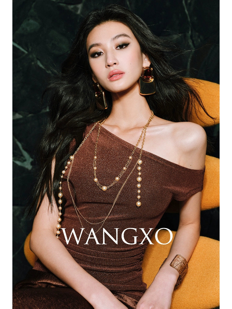 WANGXO Brilliant Radiant Acetate Bright Silk Heavy Handmade Slanted Shoulder Top - NELLA