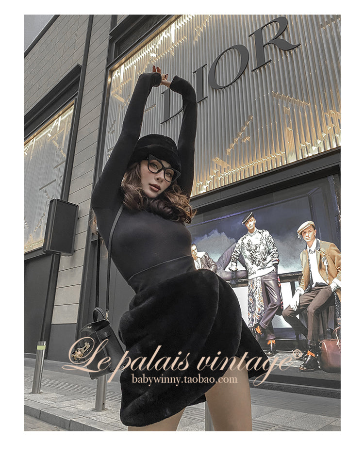 Le Palais Vintage Black Long Sleeves Short Faux Fur Coat and Dinner Skirt Suit-Selena.