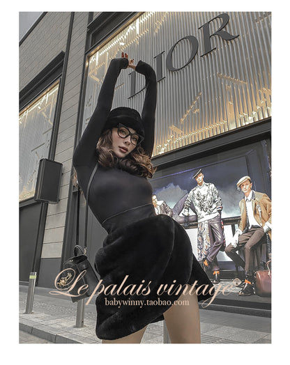 Le Palais Vintage Black Long Sleeves Short Faux Fur Coat and Dinner Skirt Suit-Selena.