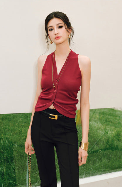 WANGXO |Vertical-Cut Acetate Double-Sided Threaded Halterneck Knitted Top -VELA