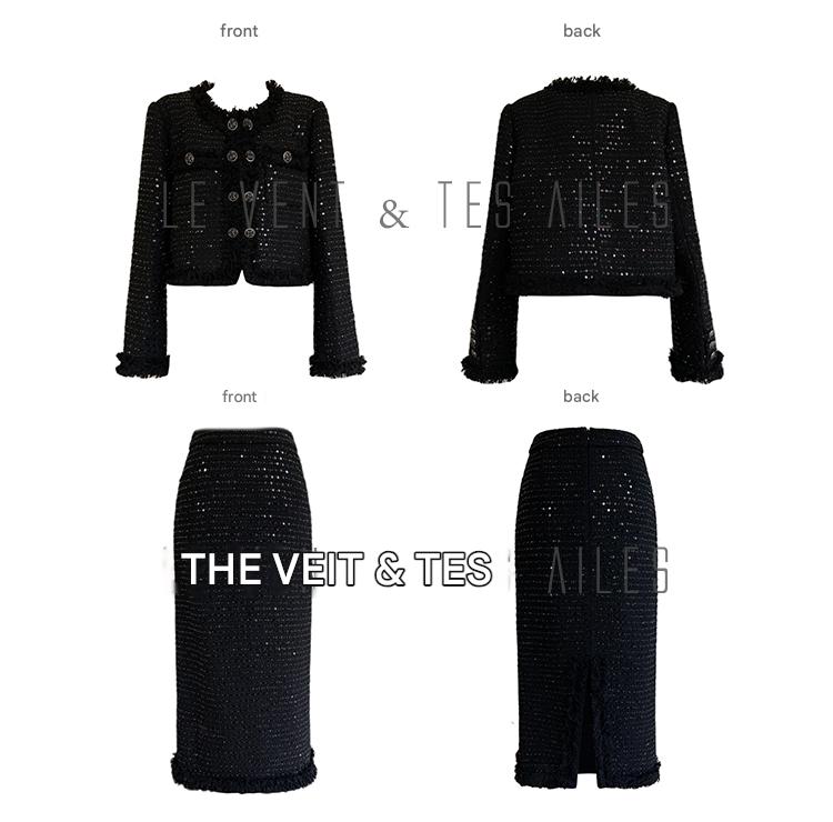 LE VENT&TES AILES High-end Luxury Heavy Work sequin Tweed Jacket Skirt Suit-FINN