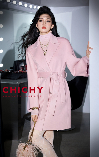 CHICHY Cashmere Classic Pink Reversible Woolen Lace-up Midi Length Coat-GINRO