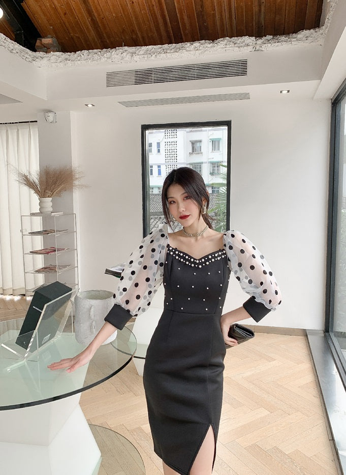 DOLLY Luxury Black Retro Style V-Neck Polka Dot Long Sleeve Slim Fit Dress-DEL