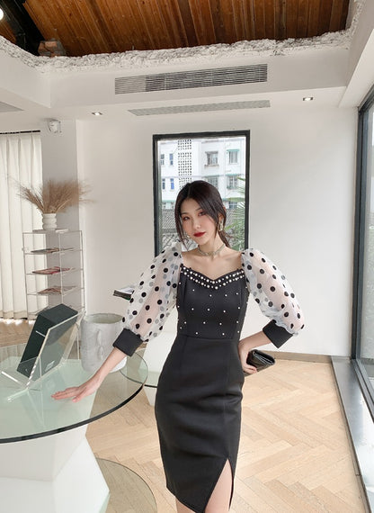 DOLLY Luxury Black Retro Style V-Neck Polka Dot Long Sleeve Slim Fit Dress-DEL