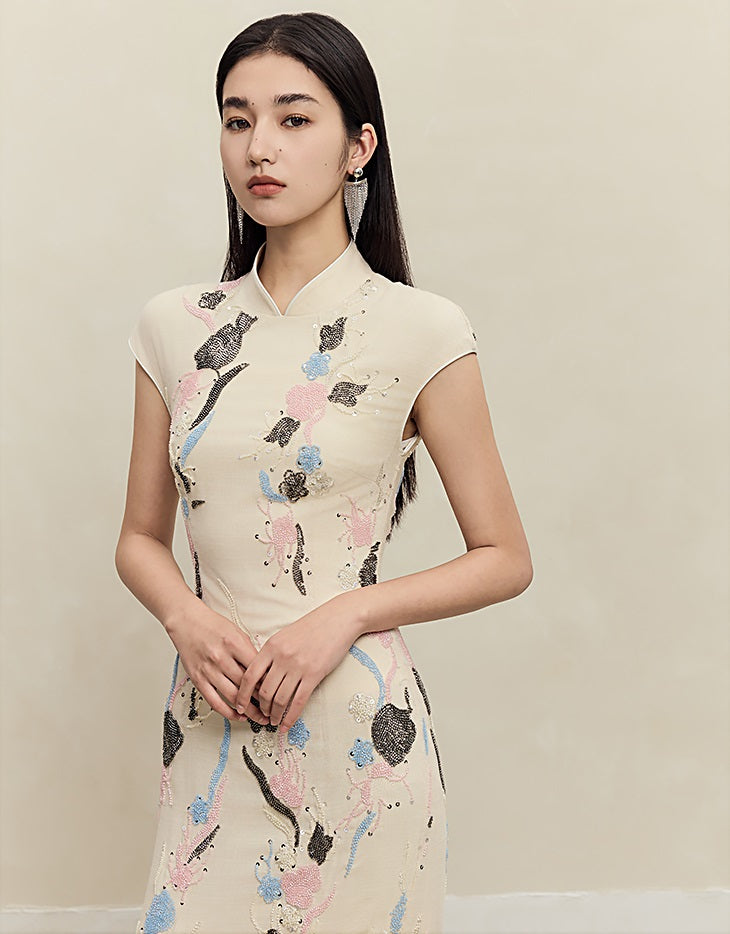 HECO Rose Bead Embroidery Slim Cheongsam Dress Women - STAGE.