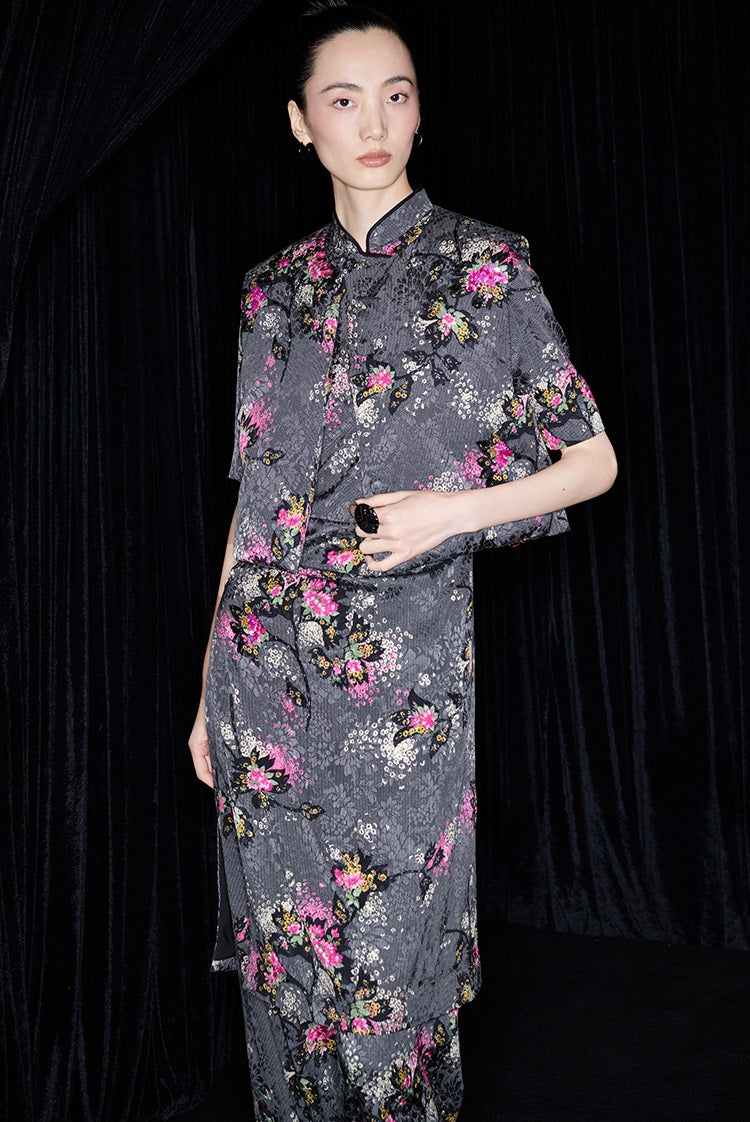 M essential Mackay designer cherry blossom print beads down short vest - LAND.