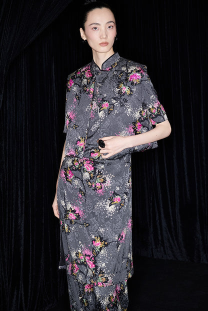 M essential Mackay designer cherry blossom print beads down short vest - LAND.