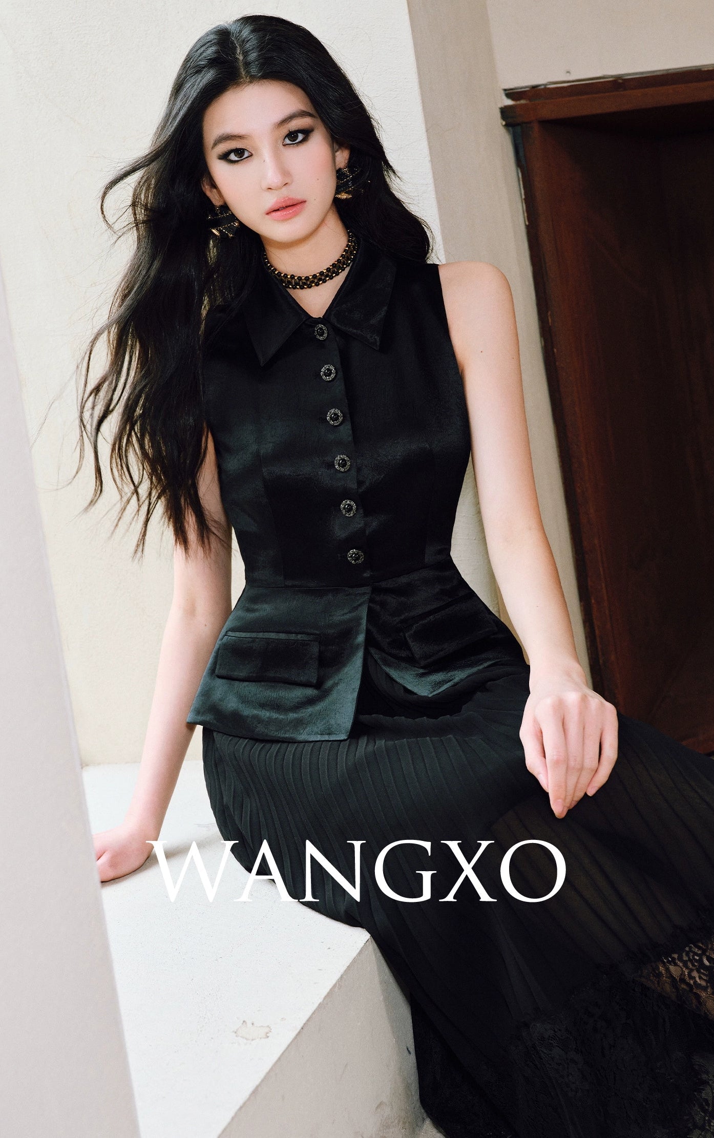 WANGXO | Faux Two-Piece Vest Suit & Romantic Pleated Gauze Skirt -THIA.