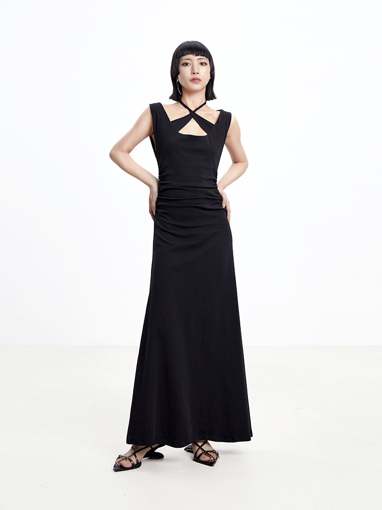 TINY IN cross-neck pleated knit maxi black dress-AYA