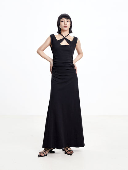 TINY IN cross-neck pleated knit maxi black dress-AYA