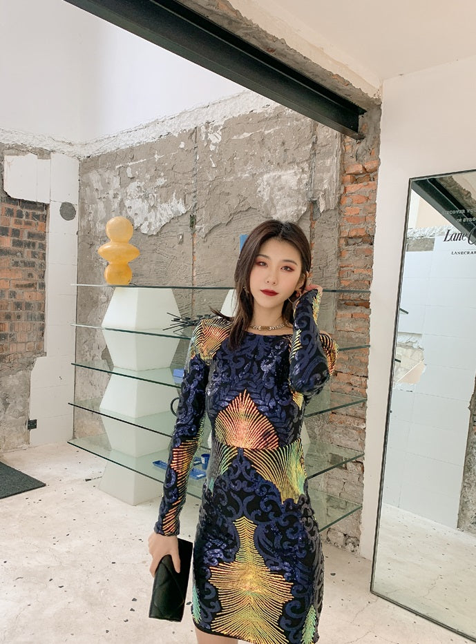 DOLLY Elegant Crew Neck Long Sleeve Slim Fit Short Sequin Party Dress-CONNIE