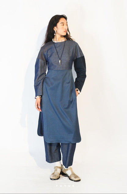 TUYUE Denim Blue Silk Cotton Crew Neck Dress- VERITY.