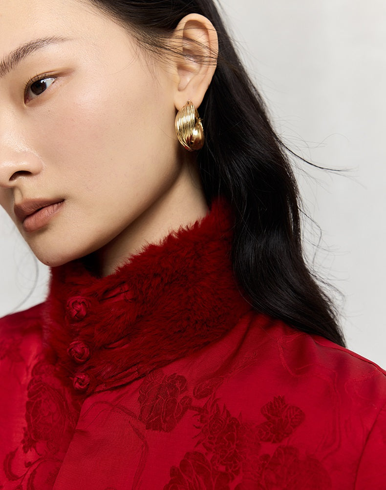 HECO 100% viscose High Neck Fur Collar red black Cotton Suit Women - entity.