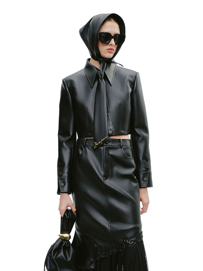 YES BY YESIR black military leather jacket and skirt set- SYSTEM.