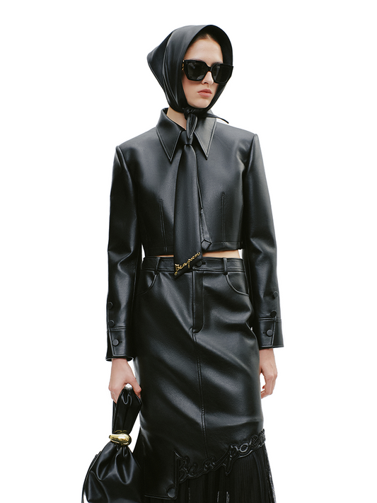 YES BY YESIR black military leather jacket and skirt set- SYSTEM.