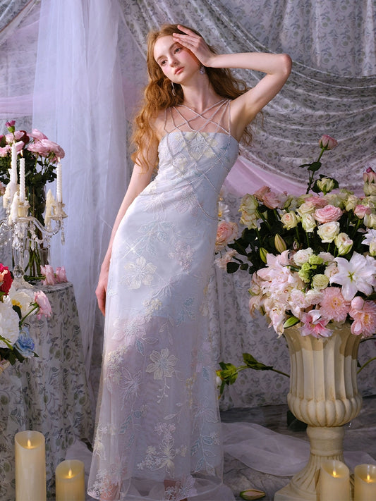 Wardrobes by Chen Elegant Ice Blue Sleeveless Sequin Diamond Chain Long Dress-Mani
