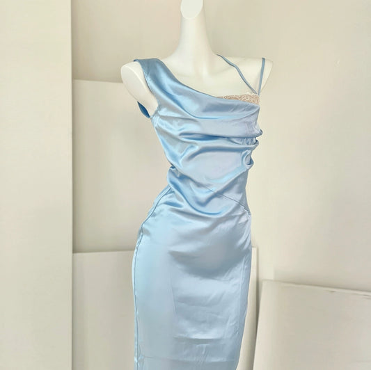 DOLLY Elegant Blue French Style Satin Sleeveless Pleated Hip Long Slit Dinner Dress-AVA
