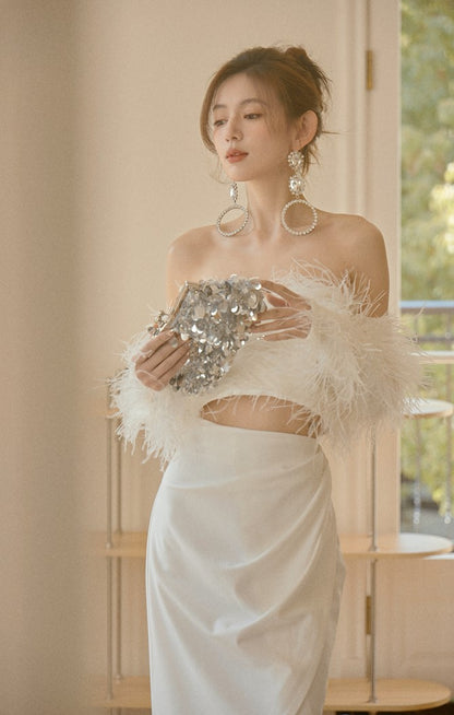 DOLLY Elegant White Off Shoulder Long Sleeve Feather Tube Top Dinner Dress-SU