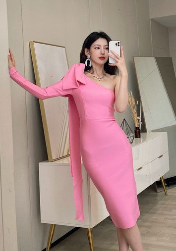 DOLLY Elegant Slant Collar Long Sleeve Bow Drape Body Hug Dinner Dress-CALA