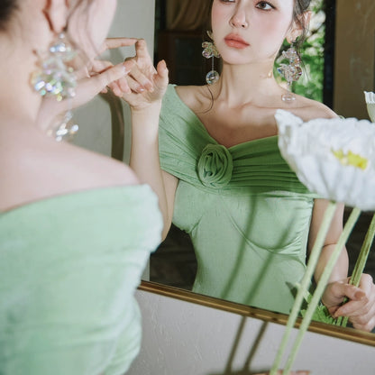 DOLLY Luxury French Style Off Shoulder Short Sleeve Hip Wrap Dinner Dress-ANTHEA