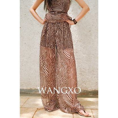 WANGXO Shaved Shoulders Waisted Top & Flowing Wide-Leg Pants -MIRA