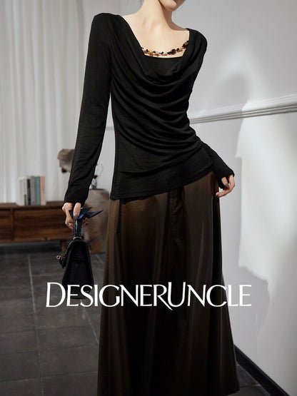 DGU|Black Knitted Drape V-Neck Top and brown pleater skirt- WAVES.