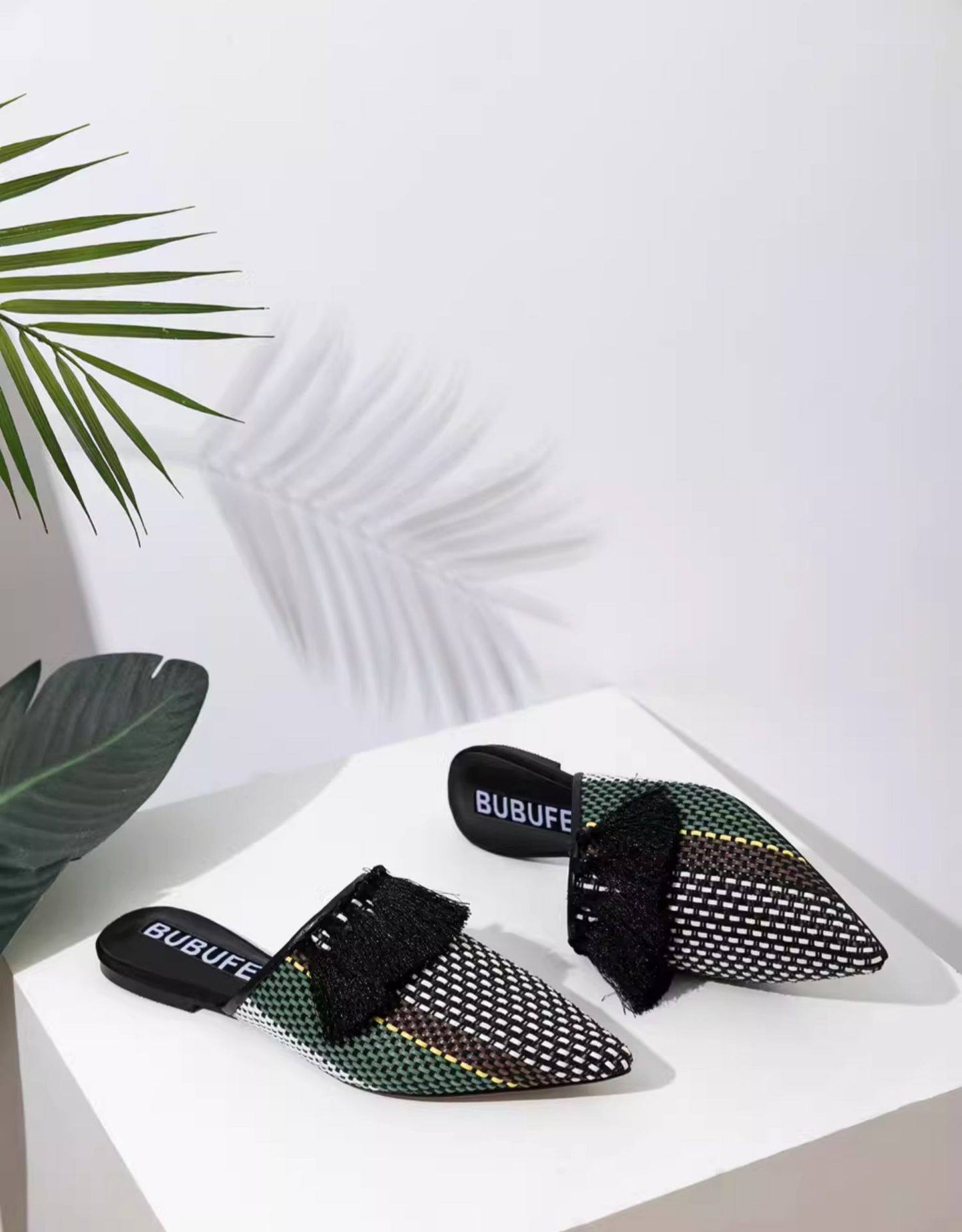B-FEI  woven black tassel flat mules-DERY.