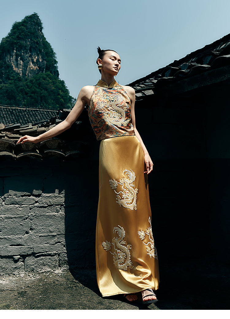 HECO Chinese Retro Mural Golden Dragon Embroidered Vest Top - ERIKA.