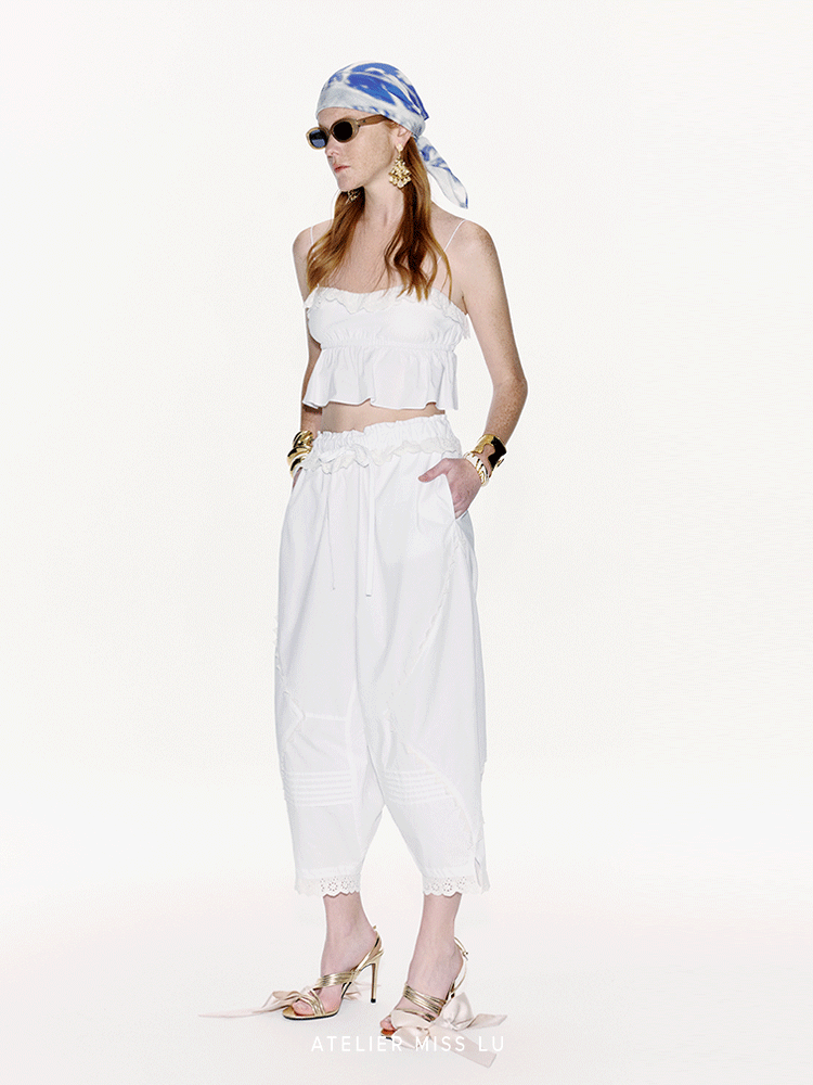 ATELIER MISS LU Spring And Summer Lace Stitching Gauge Hem Camisole Top - ADVOCATE.