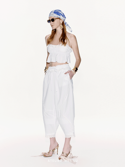 ATELIER MISS LU Spring And Summer Lace Stitching Gauge Hem Camisole Top - ADVOCATE.