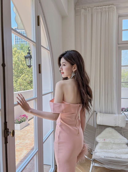DOLLY Luxury Peach Sleeveless Off Shoulder Knitted Midi Banquet Dress-MANA