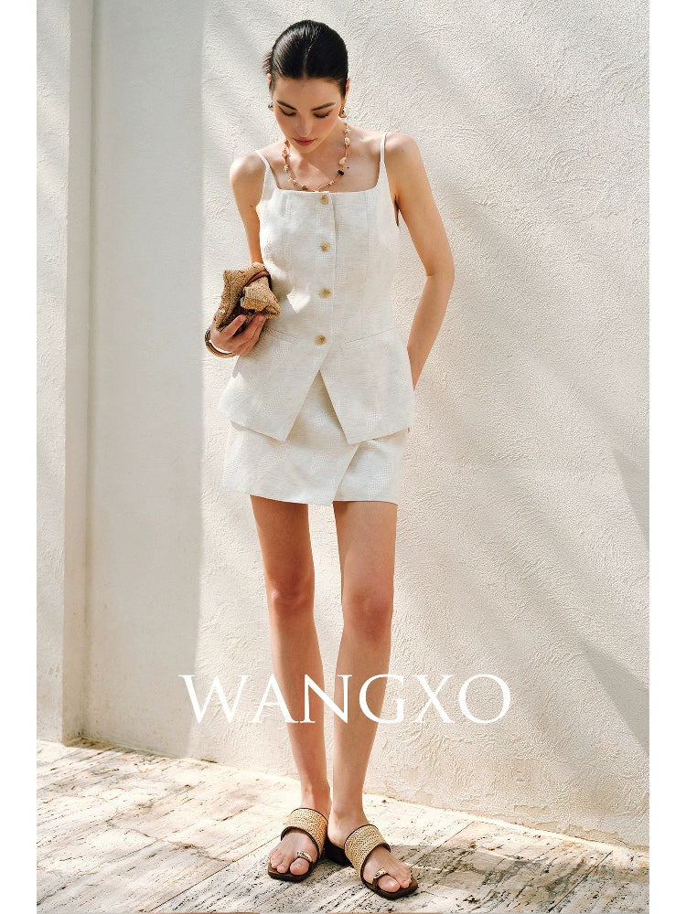 WANGXO | Oxygen-Induced Linen with Rhombic Texture  Waist-Cinched U-Neck Camisole Vest & Tie Skirt Set -NOLA