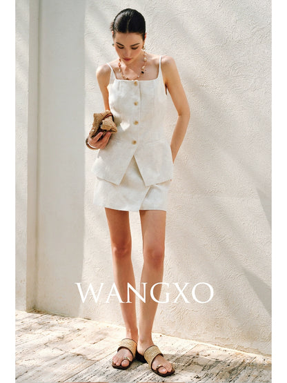 WANGXO | Oxygen-Induced Linen with Rhombic Texture  Waist-Cinched U-Neck Camisole Vest & Tie Skirt Set -NOLA