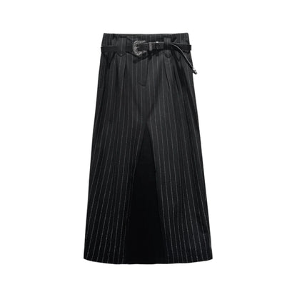 ANNAKIKI Black and White Striped Vintage Belt Trim Striped Skirt-RAVY