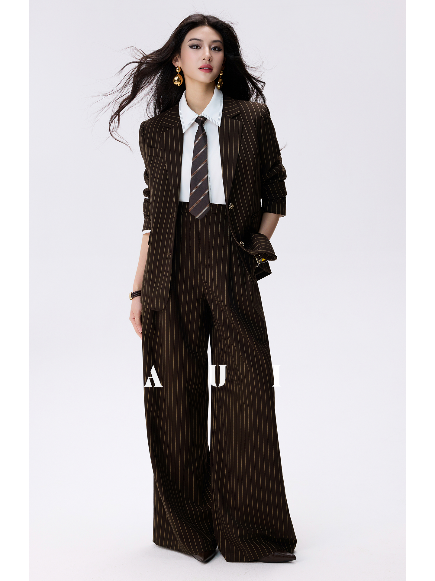 AUI Design Striped Suit High-Waisted Drape Pants -  Ji-ah.