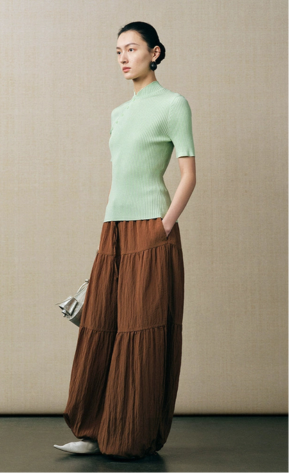 ZHUCHONGYUN stand-up collar slim diagonal placket knit top-BIBI.