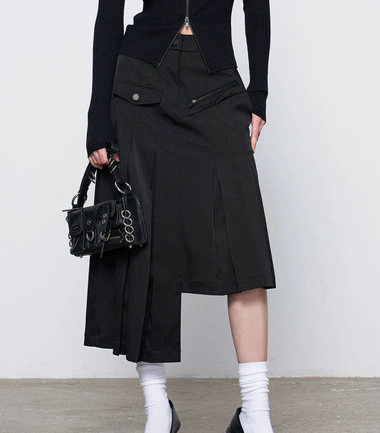 ANNAKIKI model black asymmetrical pleated skirt for women-CHIKAKO