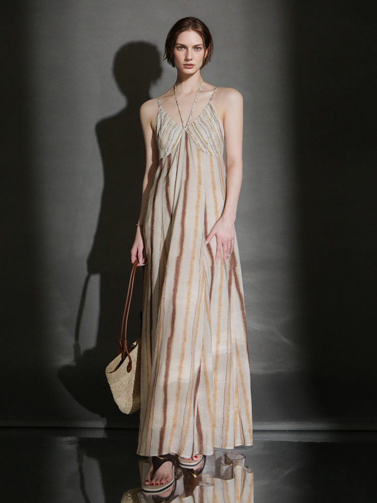 PIAOIN resort-style vertical stripe design sundress women's halterneck design cinched waist dress -GISELLE
