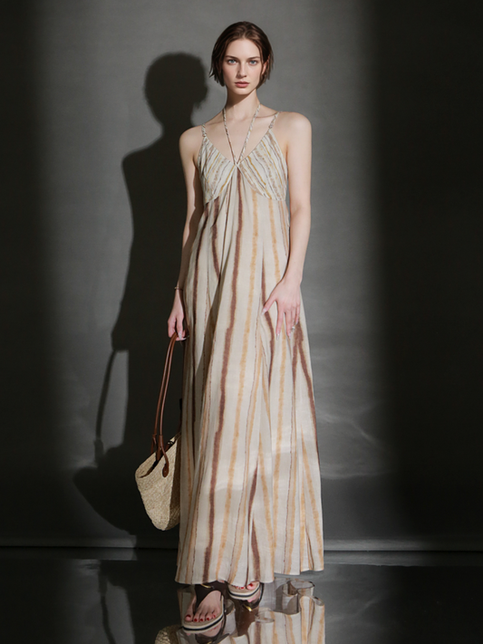 PIAOIN resort-style vertical stripe design sundress women's halterneck design cinched waist dress -GISELLE
