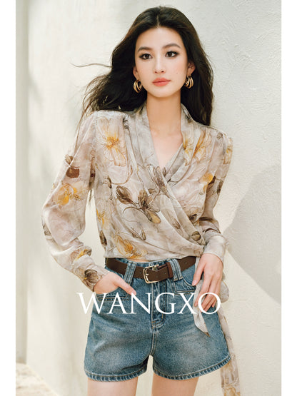 WANGXO | Silky Drape Smooth Georgette Vine-Inspired Geometric Print Entwined Twisted Shirt  -LYRA
