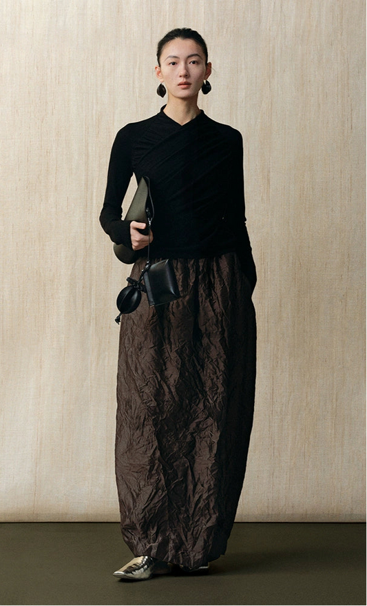 ZHUCHONGYUN V-neck pleated wool knit long sleeve top-NOELLE.