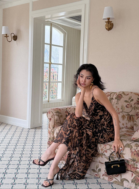 MEI SANGUAN Leopard Print V-Neck Retro Lace Dress - ARNOLD
