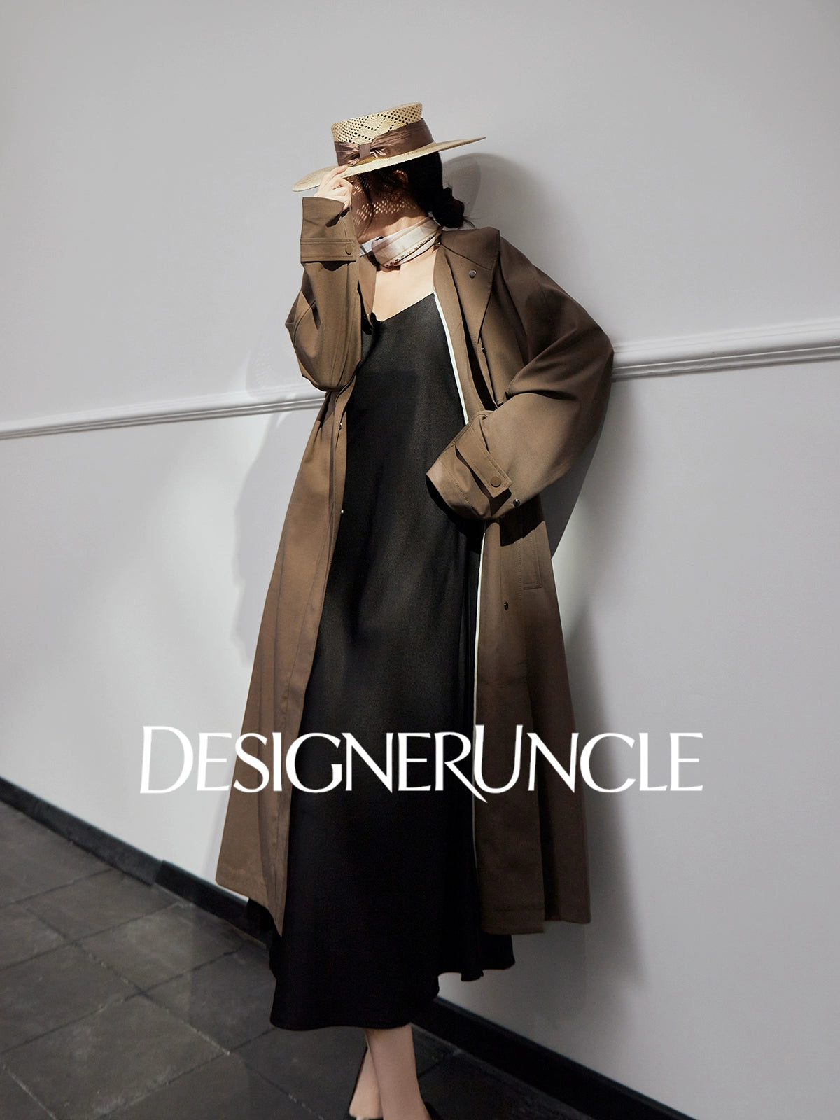 DGU |Dark Brown Trench light Luxury Design coat Collar Temperament Long Niche Top - Antonia.