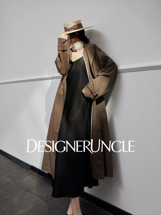 DGU |Dark Brown Trench light Luxury Design coat Collar Temperament Long Niche Top - Antonia.