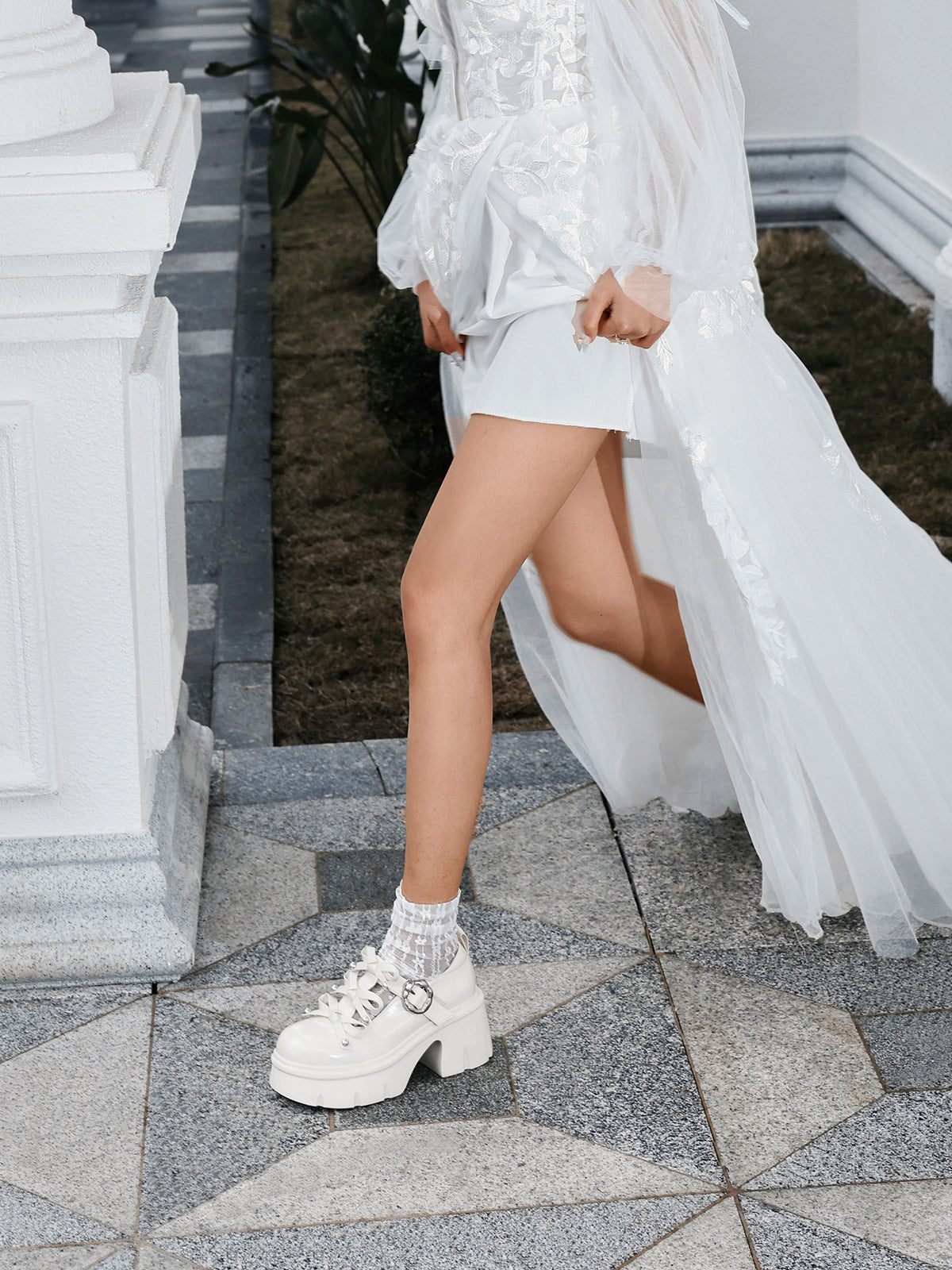 Pjjuu  Alt student bowed punk white Maryjane Platform Soled loafer - Emo