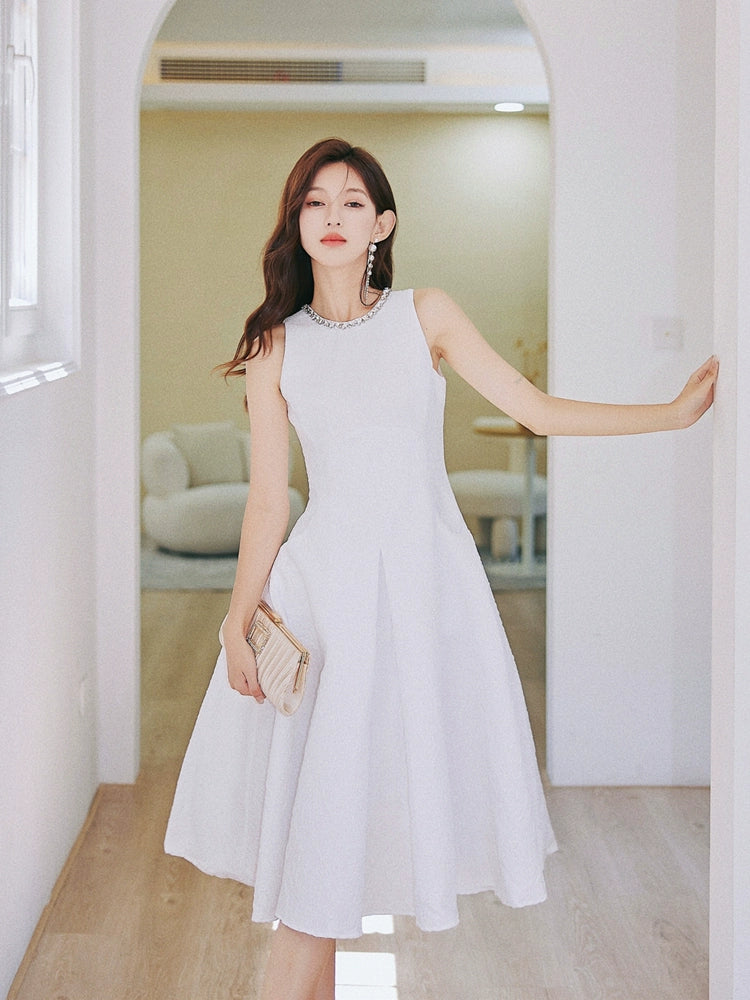 DOLLY Elegant White Crew Neck Sleeveless Long A-Line Dinner Dress-SIBYL