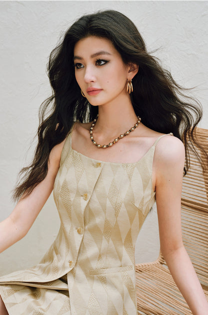 WANGXO | Oxygen-Induced Linen with Rhombic Texture  Waist-Cinched U-Neck Camisole Vest & Tie Skirt Set -NOLA
