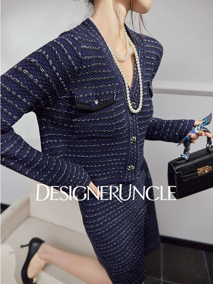 DGU|Royal Blue SSmall Fragrance V-Neck Elegant Knitted Top Two-Piece Set.